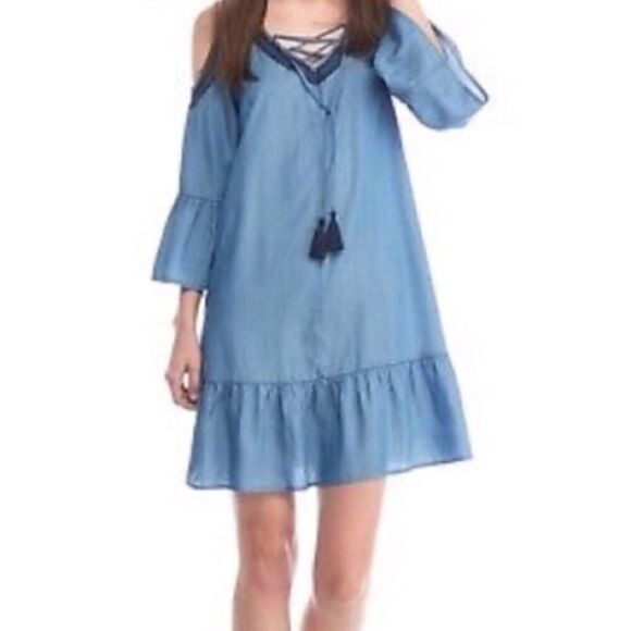 Crown & Ivy | Chambray Cold Shoulder Tent Dress - Picture 2 of 6